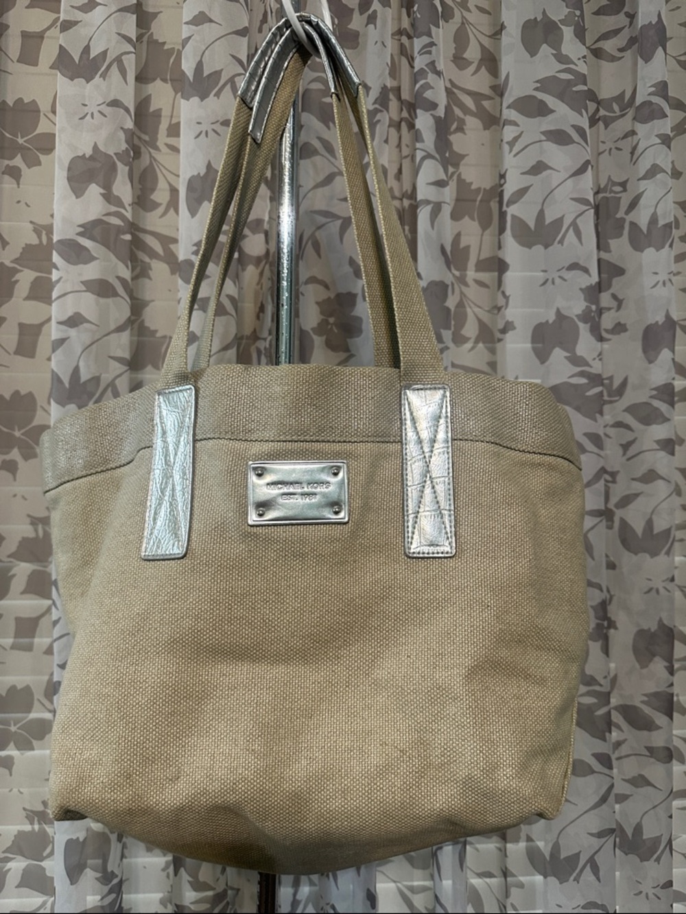 Michael Kors Beige Canvas Tote with Silver Trim